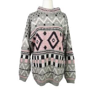 Vintage 80s Eber light grey and pink geometric knit sweater Women S